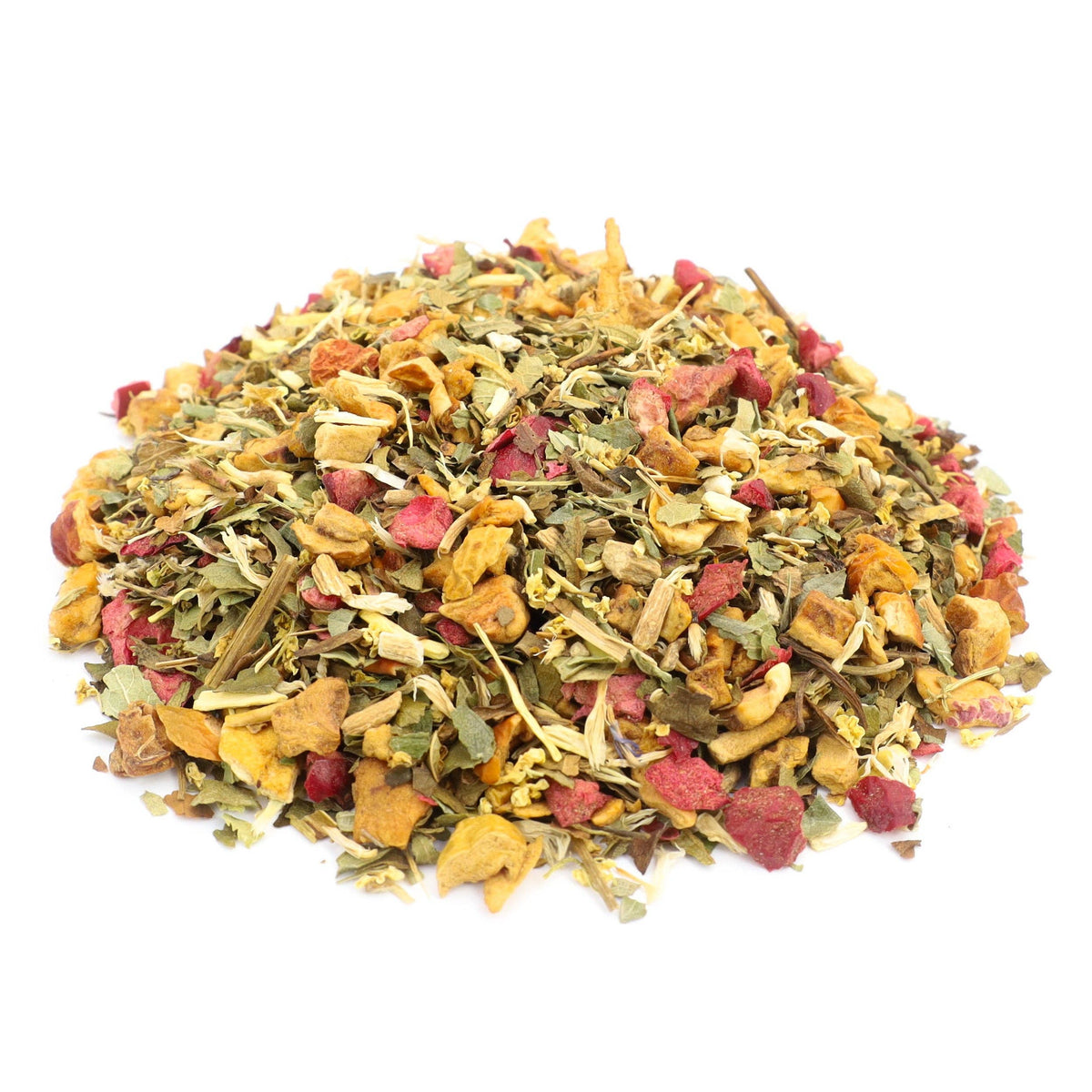 A pile of loose-leaf herbal tea blend containing dried green leaves, orange-brown roots, and pink dried fruit pieces, photographed on a solid white background.